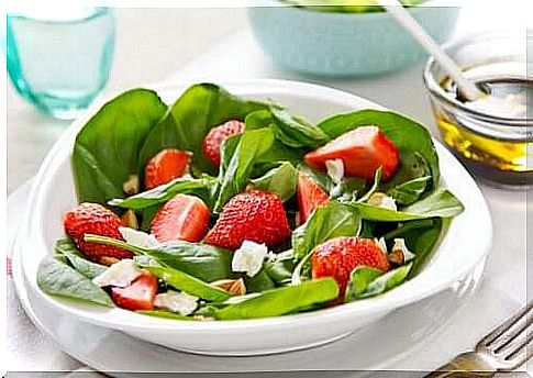 salads with fruit and herbs, spinach and strawberries