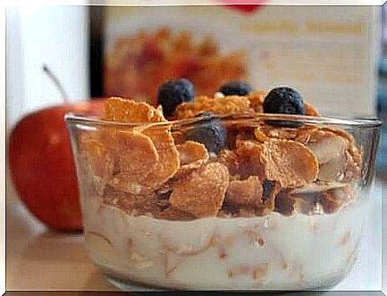 Yogurt with cereal flakes and blueberries.